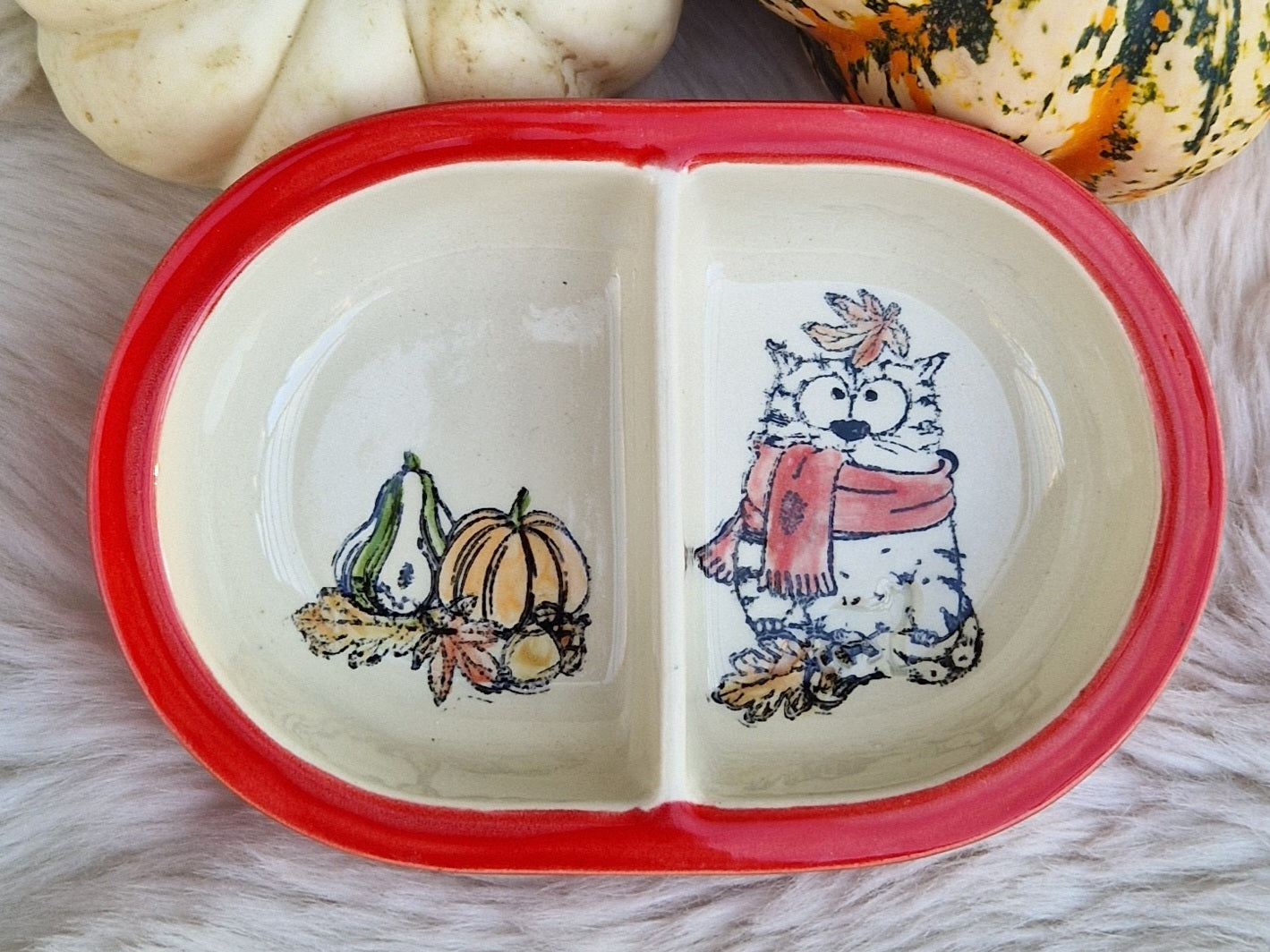 Keramik Schale für Surefeed mit Farbrand "Finn's Kürbis Spaß" geteilte Ausführung